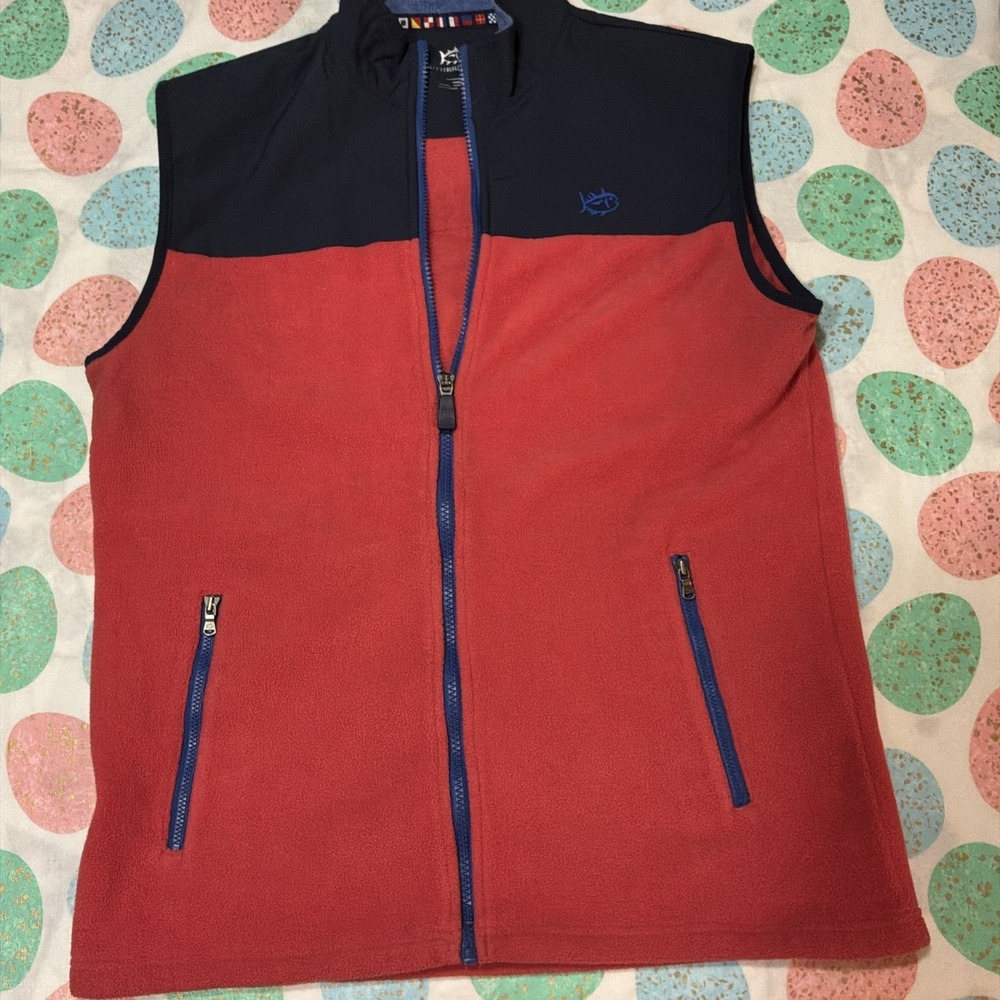 Southern Tide Vest Mens Medium Red Blue Fleece Pockets Fishing Hiking Boating